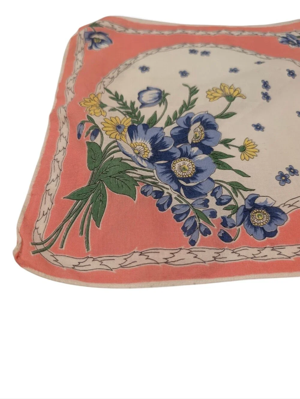 VINTAGE Hankerchief Floral Pink Blue Yellow White Colorful Bouquet Retro Print